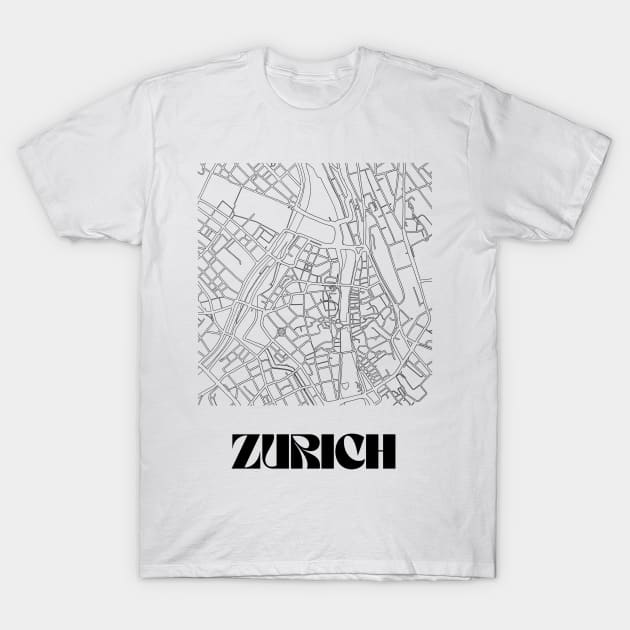 Retro Map of Zurich, Switzerland Minimalist Line Drawing T-Shirt by SKANDIMAP